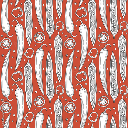 Hand-drawn seamless pattern of sliced chili pepper and chili seeds and slices for ingredients or product design on red background
