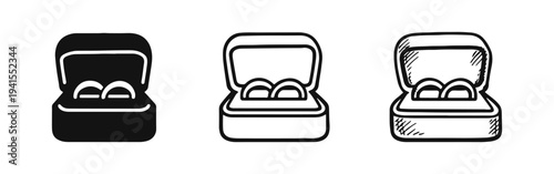 Open ring box with engagement or wedding rings icons set. Proposal, love, and jewelry symbol.