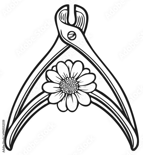 Floral illustration of metal clippers and a daisy flower. Simple hand drawn design.