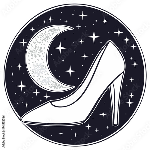 Chic stiletto heel and floral patterned crescent moon in a mystical starry night sky artwork