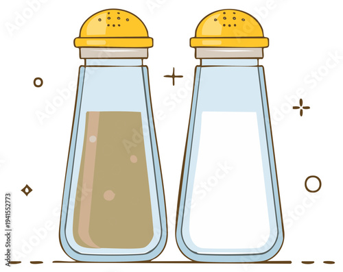 Two glass shakers, one with pepper and one with salt, with yellow tops
