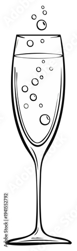 Elegant champagne flute filled with bubbly effervescent drink and rising bubbles