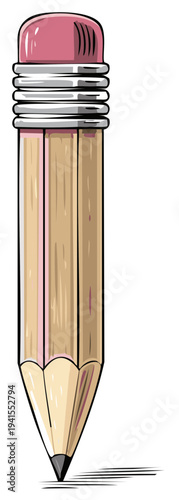 Cartoon style wooden pencil with pink eraser sharpened tip and faint lines suggesting writing drawing or creativity