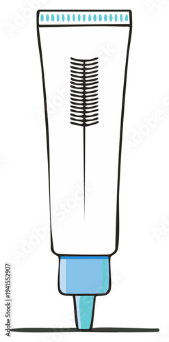 Minimalist illustration featuring a white and blue mascara tube with a delicate applicator brush