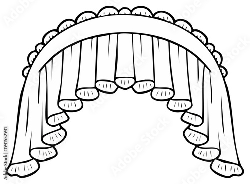 Illustration of a fabric curtain with draped layers and scalloped edges, providing a decorative covering above an opening.