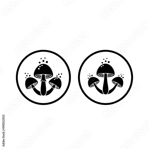 Vector illustration of two circular icons featuring three stylized mushrooms with dotted tops, showcasing a minimalist black and white design