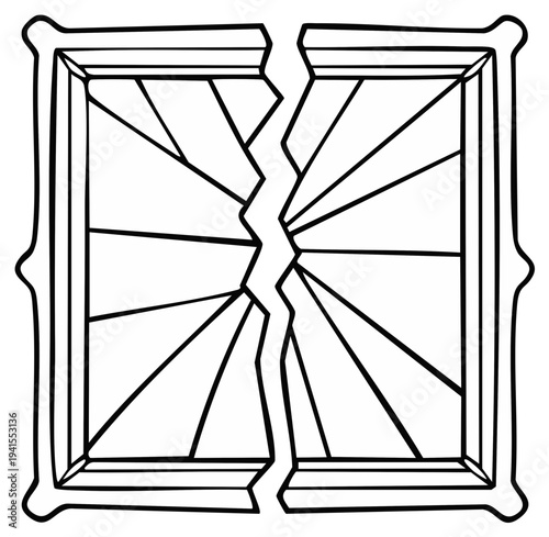 Cracked Picture Frame With Lines, Outline Vector Art, Broken Memories, Loss, Damage, Trauma, Black and White