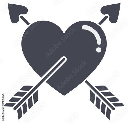 Heart pierced by Cupid's arrows illustration for Valentine's Day or romance in dark grey silhouette icon design