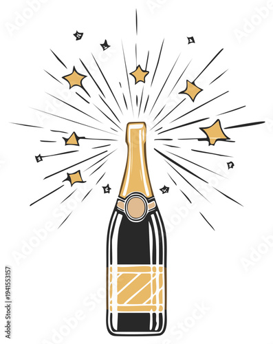 Stylized sparkling wine bottle popping with golden stars for celebration event