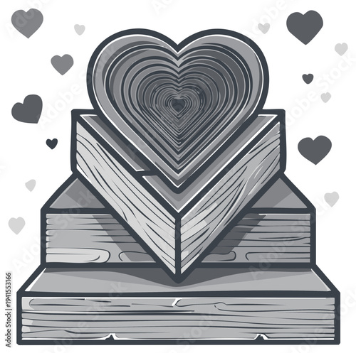 Abstract illustration of a heart-shaped object nested in tiered wooden steps