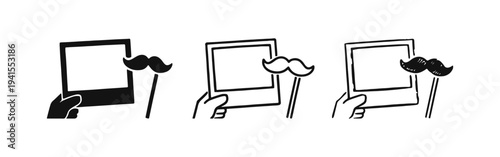 Hand holding photo frame with mustache prop icon set. Party accessory symbol in solid, outline, and hand-drawn styles.