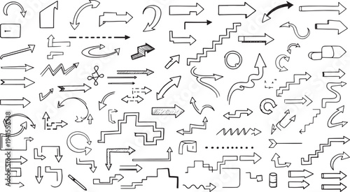 A collection of various abstract line drawings and arrows pointing in different directions, creating a dynamic composition on a plain background from a straightforward viewpoint