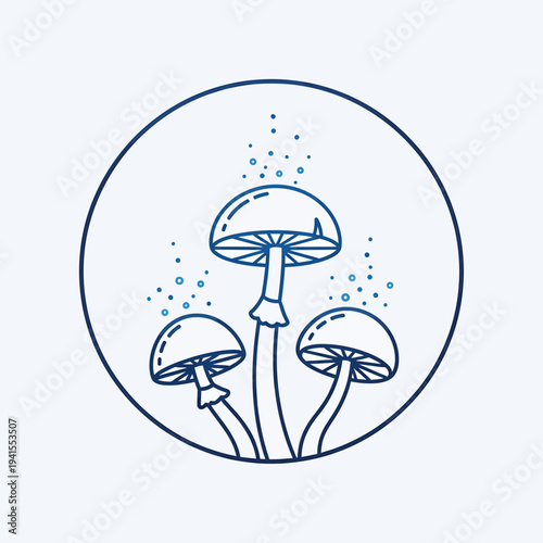 Charming blue-line illustration featuring a trio of whimsical mushrooms with small bubbles rising from their caps, nestled within a clean circular frame, perfect for nature-themed designs