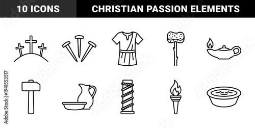 Easter Passion of Christ religious symbols featuring Calvary crosses and crucifixion nails. Minimalist black monoline pictograms for church liturgy and Lenten devotion.