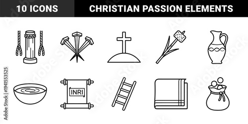 Christian Passion of Christ symbols for Easter religious educational materials. Minimalist monoline pictograms featuring crucifixion narrative elements and biblical storytelling graphics.