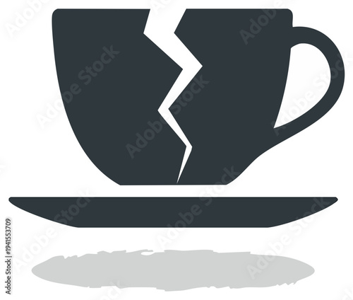 Cracked Cup with Saucer Icon Concept Broken Fragmented Ceramic Utensil Failure Symbol Graphic Design