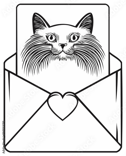 Linework drawing of cute cat face in envelope with heart closure for love mail delivery.