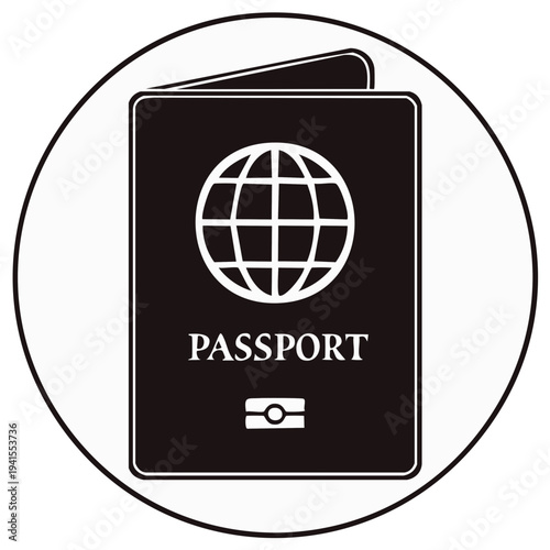Black and white passport icon with globe symbol and text for international travel documents and identification