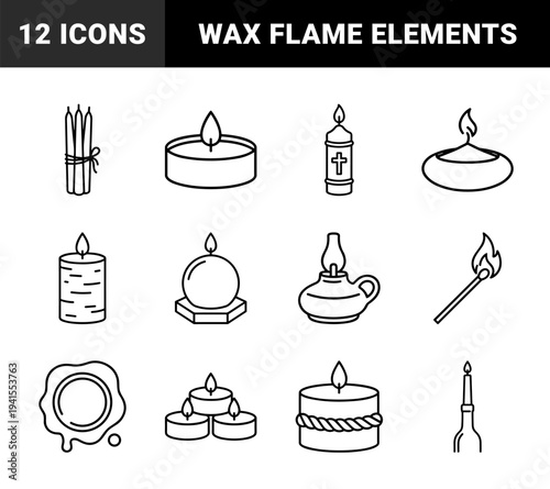 Candle light and ceremonial fire elements for home decor branding. Technical monoline pictograms featuring paraffin wax, matches, and oil lamps.