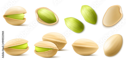 Set of realistic pistachios in 3d style. Pistachios in shell and without shell isolated on white background. Natural organic food. Design element for nuts packaging, advertising. Vector illustration.