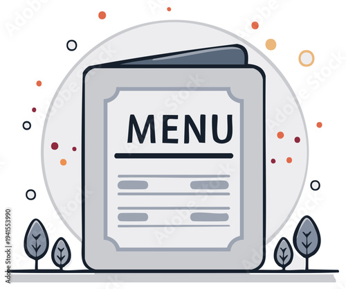 Restaurant menu displayed with decorative elements and stylized trees for dining establishments
