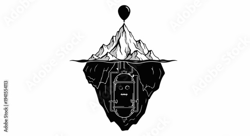 Whimsical illustration of a whimsical submarine dwelling within an iceberg, topped with a balloon.