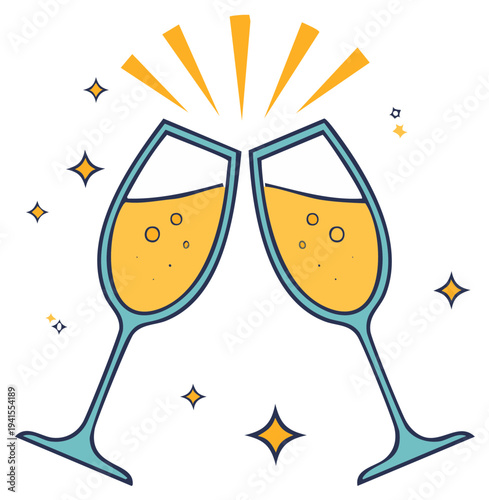 Festive clinking champagne glasses with bubbles and sparkles for celebration