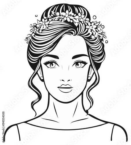 Elegant woman with floral crown and flowing hair