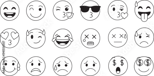 Collection of various emoticon faces illustrating different emotions and reactions in a simple line art style