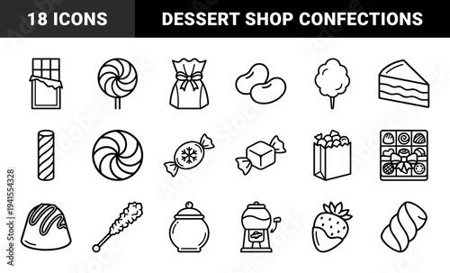 Confectionery and sweet snack line art elements for dessert menu design. Minimalist monoline symbols featuring candy shop and sugar treat themes.
