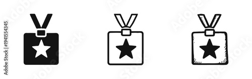 ID badge with star icon set. Access pass or VIP symbol in solid, outline, and hand-drawn styles.