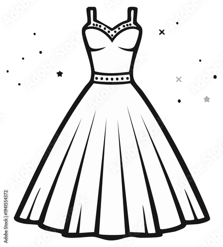 Elegant black line art illustration of a classic formal dress with decorative bodice and full skirt