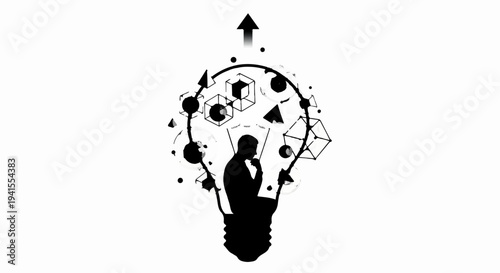 Silhouette of a pensive person inside a lightbulb filled with abstract shapes and an upward arrow, symbolizing innovation and new ideas.