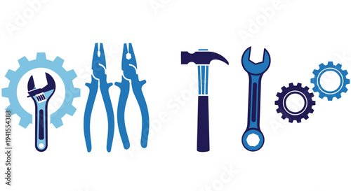 Collection of basic hand tools and gear icons