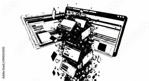 Digital information exploding from computer screens representing data overload and system collapse.