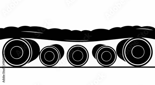 Abstract illustration of a tank tread with a wavy line above it.