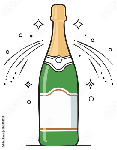Vibrant green champagne bottle illustration with blank label and effervescent sparkles for celebration