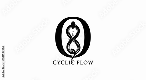 Symbolic O encompassing a coiled snake with a lens or target, representing cyclic flow and transformation.