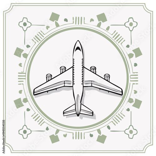 Overhead view of a stylized passenger airplane illustration with decorative ornamental frame