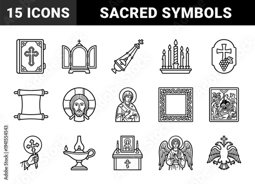 Orthodox Christian liturgical symbols and Byzantine religious art. Minimalist black line illustrations featuring icons, censers, and ecclesiastical architecture.