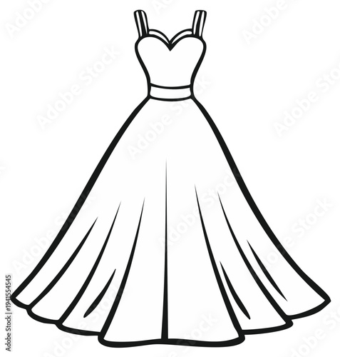 Elegant wedding dress illustration with a full skirt and spaghetti straps.