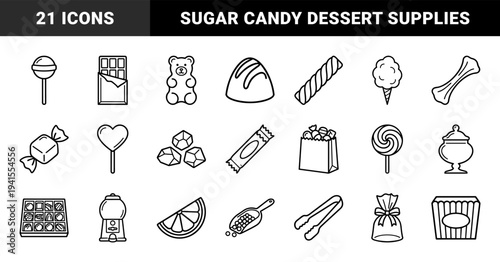 Confectionery and sweet shop outline elements for retail branding. Minimalist monoline pictograms featuring candy, chocolate, and sugar treats.