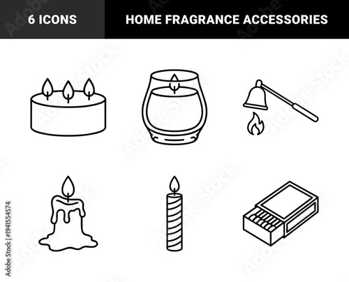 Candle light and fire safety elements in monolinear style. Minimalist wax candles, matches box, and snuffer for home decor and aromatherapy visuals.