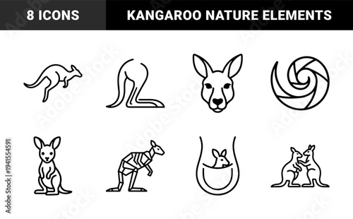 Kangaroo and Australian wildlife silhouettes for nature education and tourism branding. Minimalist monoline animals featuring joey in pouch and outback fauna.