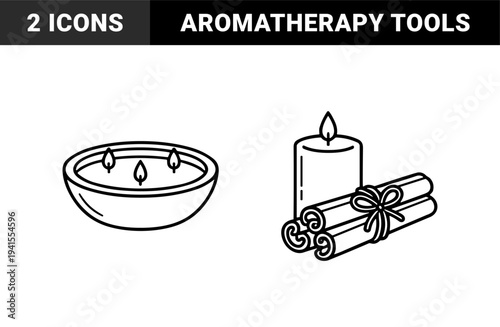 Aromatherapy and home wellness line art featuring scented candles and cinnamon sticks. Minimalist monoline illustrations for spa branding and relaxation therapy.