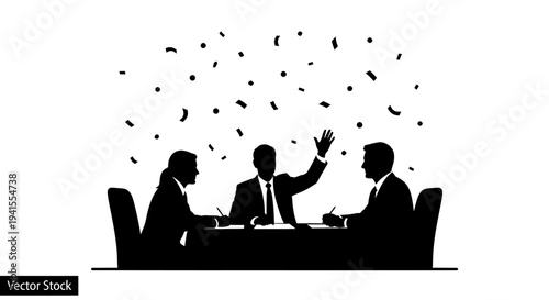 Business meeting success: confetti celebration, agreement, teamwork, partnership, victory