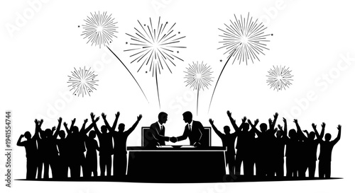 Business Partnership Celebration with Fireworks and Cheering Crowd