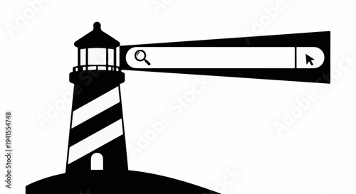 Lighthouse beam shines a search bar, guiding discovery and information