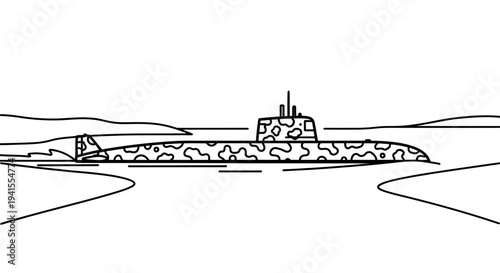 Camouflaged Submarine Sailing in Water, Military Vessel, Naval Warfare Concept