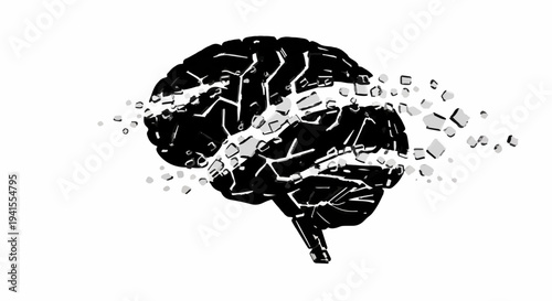 Abstract illustration of a fractured brain with pieces breaking apart.